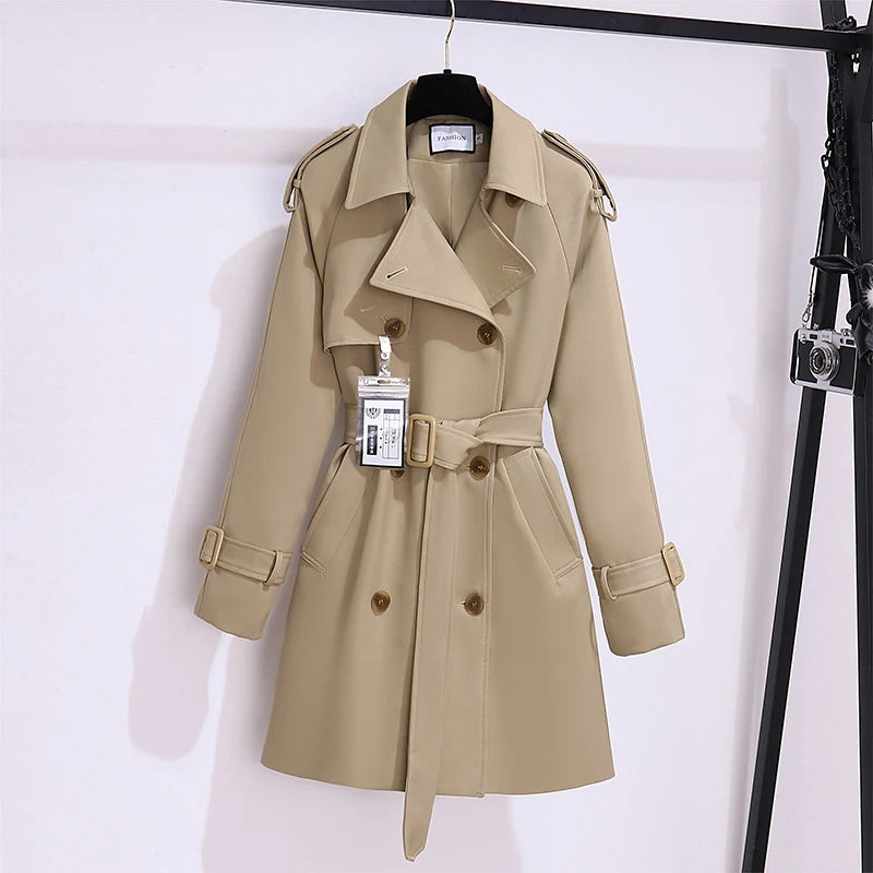 Women British Style Windbreaker Streetwear Double Breasted Trench Coats Elegant Autumn Winter Khaki Or Black Jackets