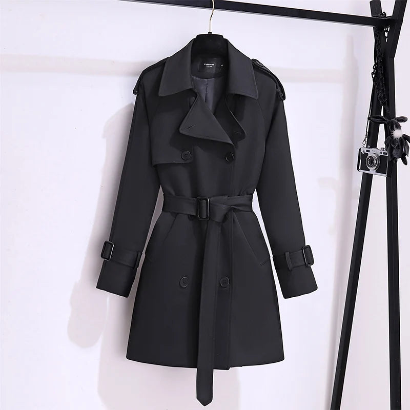 Women British Style Windbreaker Streetwear Double Breasted Trench Coats Elegant Autumn Winter Khaki Or Black Jackets